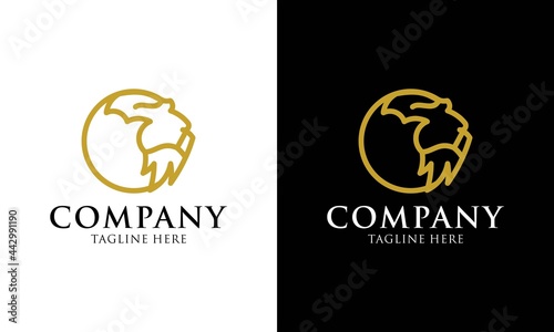 Circle line art Gold Lion Head Vector Logo Template