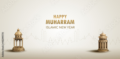 happy muharram islamic new year card design with two gold lanterns