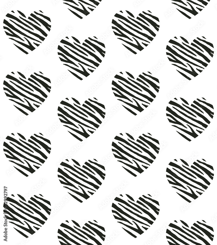 Vector seamless pattern of flat heart with zebra stripes fur print isolated on white background Vector seamless pattern of flat heart with zebra stripes fur print isolated on white background