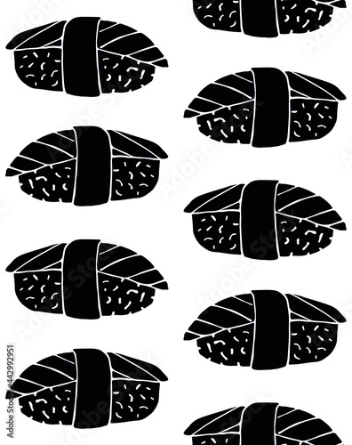Vector seamless pattern of hand drawn doodle sketch black salmon sushi roll isolated on white background