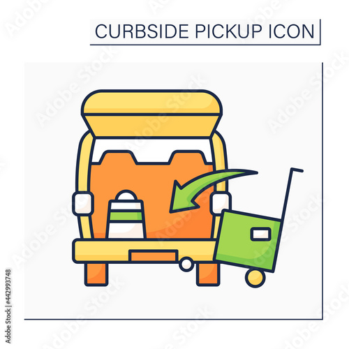 Curbside pickup color icon. Transporting big cargo into car trunk. Delivery parcel box. Contact-free delivery concept. Isolated vector illustration