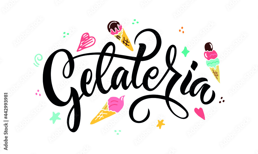 Gelateria handwritten text (meaning creamery, ice cream shop) isolated on white background. Elegant modern brush calligraphy. Hand lettering for logo, poster, card, label, print. Vector illustration
