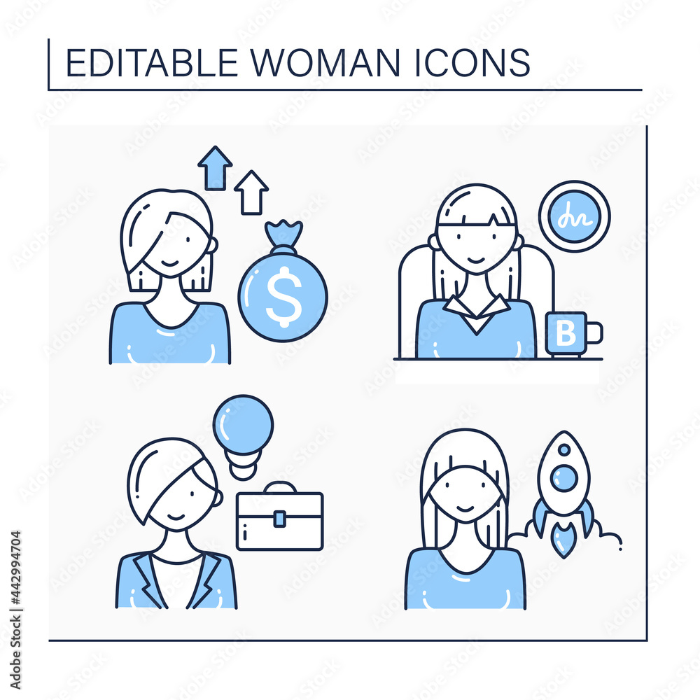 Woman line icons set. Boss, startup creator, venture capitalist, entrepreneur. Successful woman concept. Isolated vector illustrations.Editable stroke Woman line icons set. Boss, startup creator, venture capitalist, entrepreneur. Successful woman concept. Isolated vector illustrations.Editable stroke