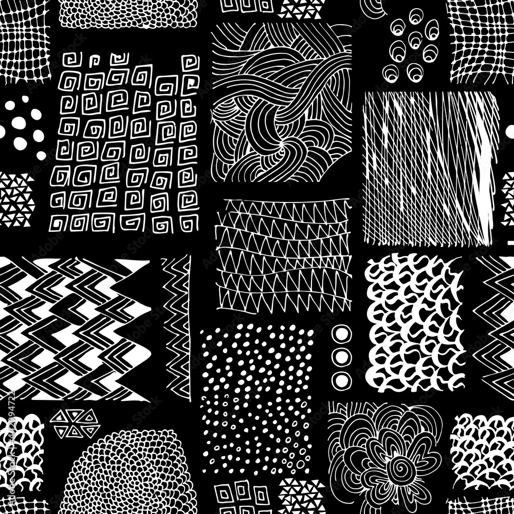Abstract seamless pattern with different hand drawn white ornaments on black background. Abstract seamless pattern with different hand drawn white ornaments on black background.