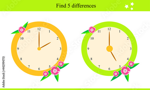 Find 5 differences. Child Game. Colorful clock