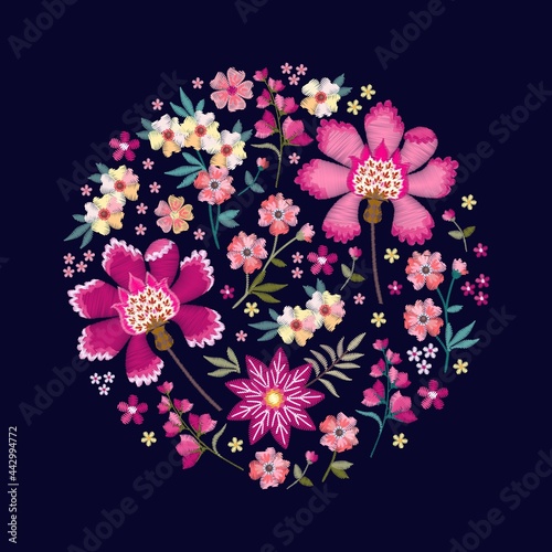 Floral round pattern with beautiful embroidery flowers and leaves. Card template. Print for t-shirt, dress.