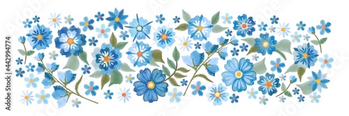 Horizontal pattern with blue embroidery flowers on white background. Panoramic view of summer floral meadow.
