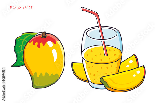 
Mango fruit isolated and glass of fresh juice or smoothie with slices
