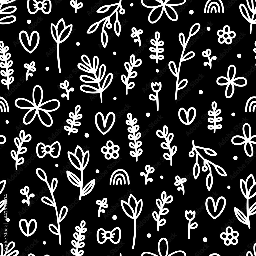 Hand drawn floral seamless pattern. Cute flowers and leaves on black background. Simple graphic design. Scandinavian style