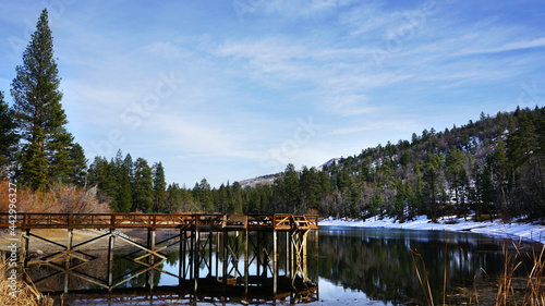 Fishing Pier on Mountain lake in San Bernardino Mountains, California photo