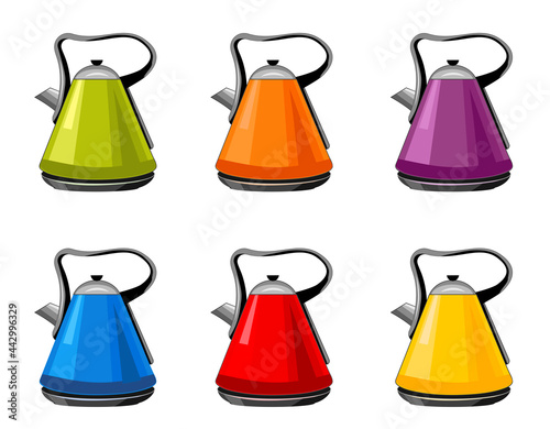 Modern   bright green  orange  purple  blue  red  yellow Kettles  electric teapots isolated cartoon flat set icons. For kitchen interior design