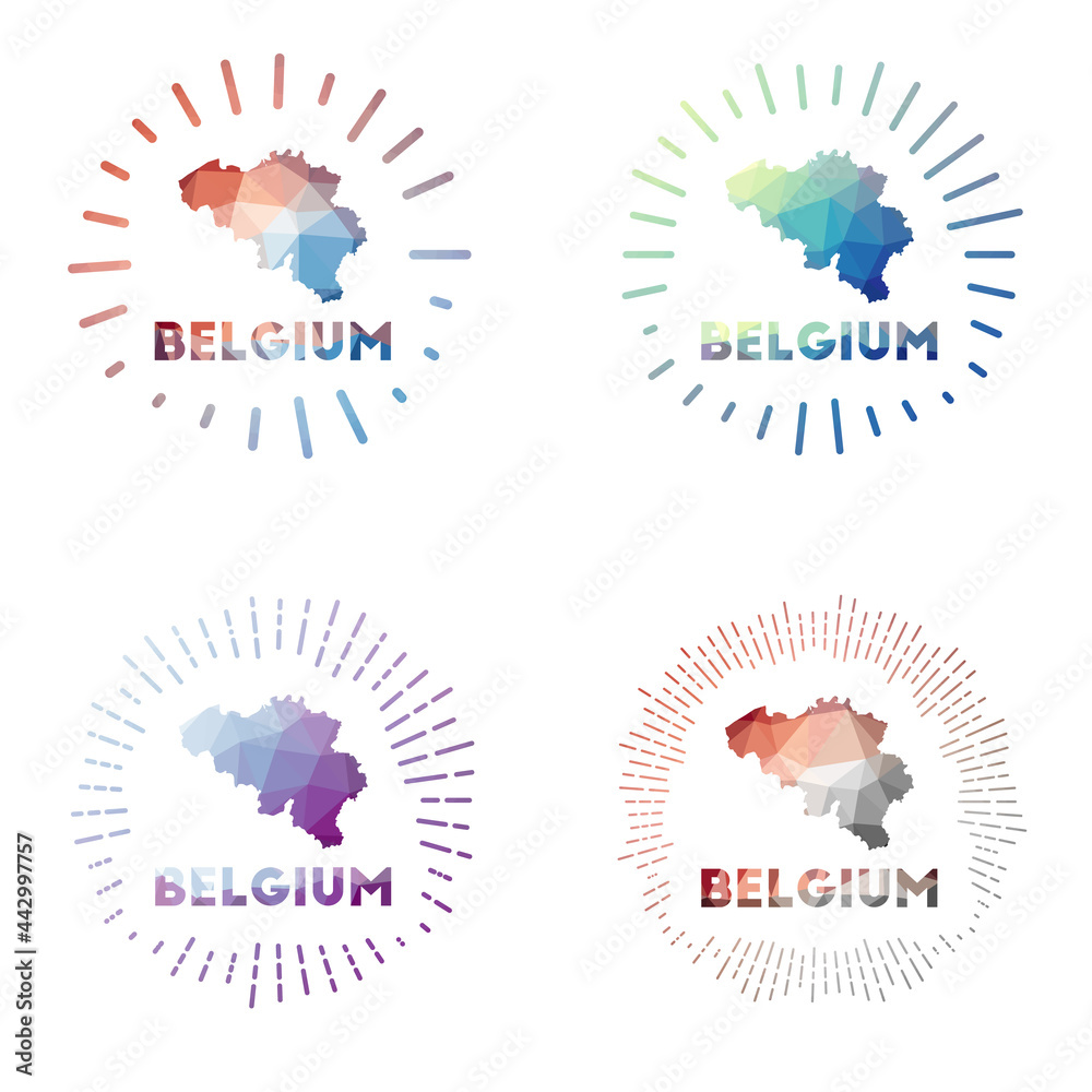 Belgium low poly sunburst set. Logo of country in geometric polygonal style. Vector illustration.