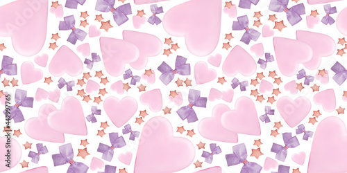 Pink seamless pattern on a white background, for gift packaging, textiles and other things. Repeating hearts,bows and stars