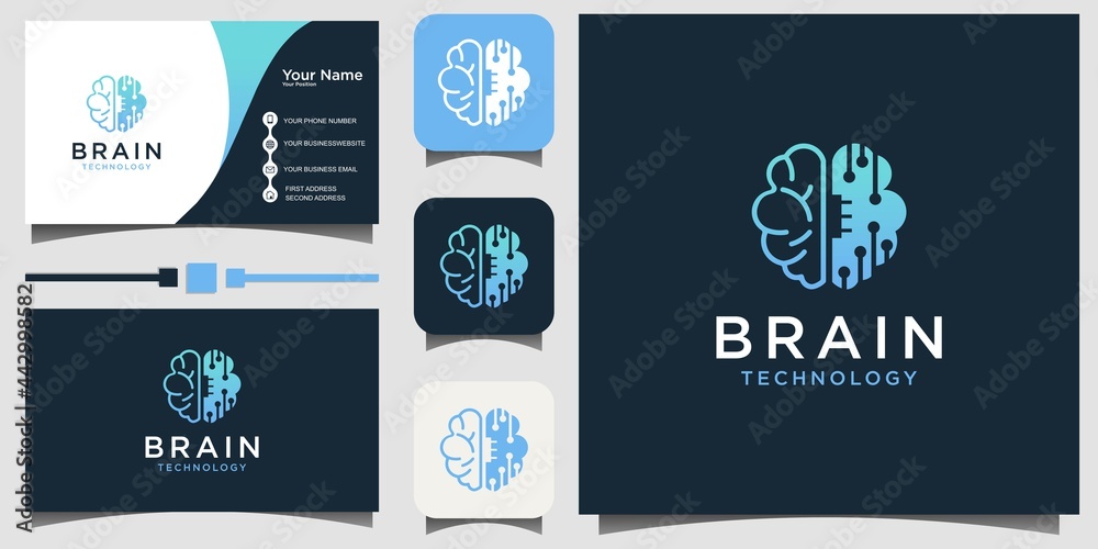 brain tech line art logo design Vector with template background ...