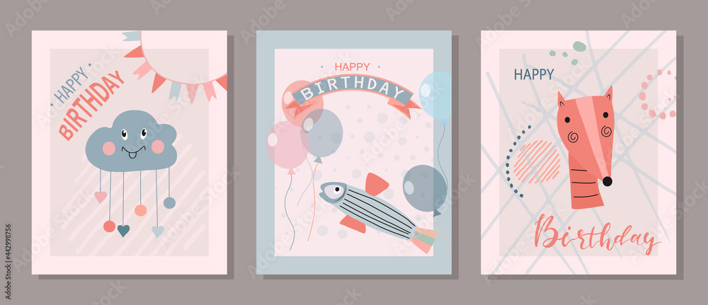 Cute greeting cards with balloons, flags, fish, fox, cloud, freehand details.Bright design of a children's holiday.Vector illustration