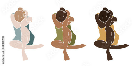 Beautiful upset woman in small dress sitting and crying hiding her face. Abstract sad girl. Different skin colors. Different colors of the dresses.  Flat concept vector illustration. 