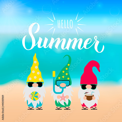 Gnomes on the beach. Hello summer calligraphy lettering. Cute cartoon characters on vacations. Vector template for banner  poster  greeting card