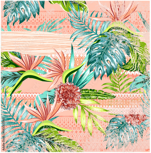 Seamless ethnic tribal pattern with palm leaves and tropical foliage. Perfect pattern for textiles and decoration