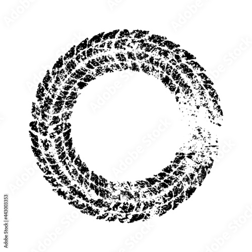 Vector tire track rounded frame. Distress textures. Isolated. Grungy design element for frames, badges, labels and emblems. Round brush strokes. Ink blot