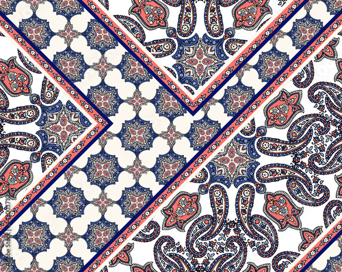 Bandana pattern with paisley and geometric elements. handkerchief square design, perfect for fabric, decoration or paper