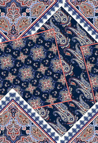 Bandana pattern with paisley and geometric elements. handkerchief square design, perfect for fabric, decoration or paper