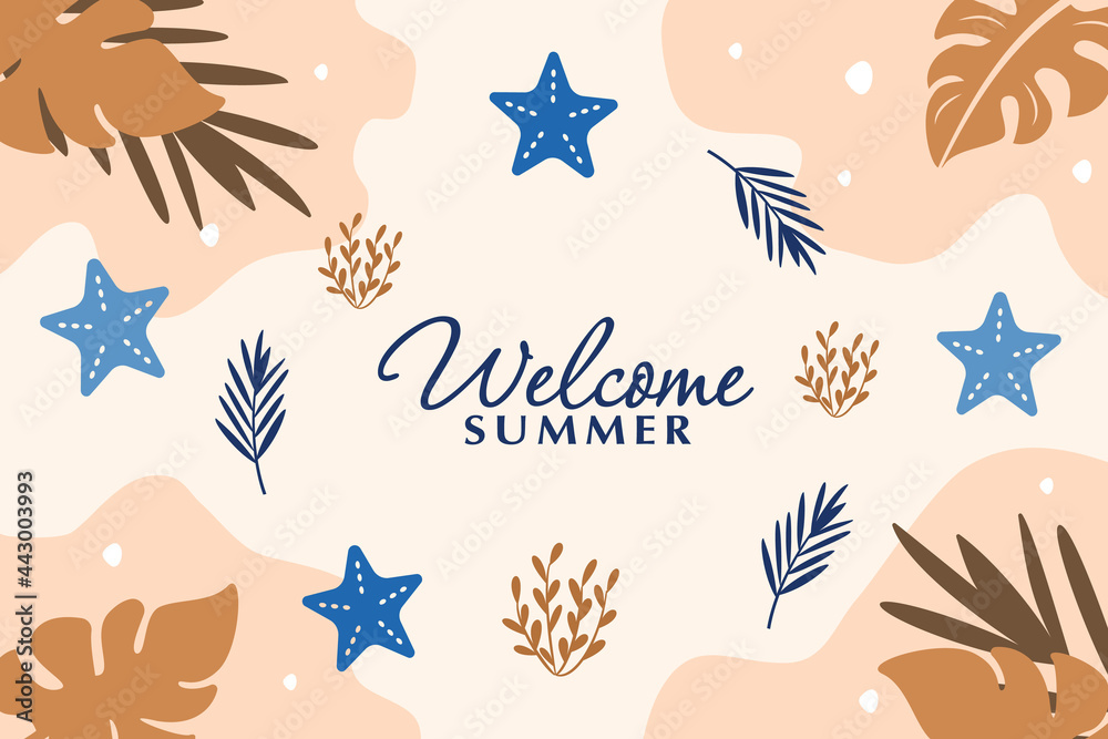 Welcome summer web banner. Vector background design of palm leaves and tropical plants. Welcome summer web banner. Vector background design of palm leaves and tropical plants.