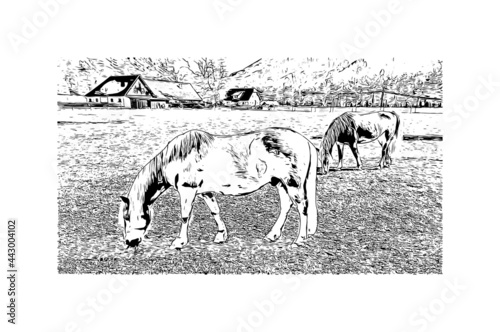 Building view with landmark of Hinterstoder is the 
municipality in Austria. Hand drawn sketch illustration in vector.