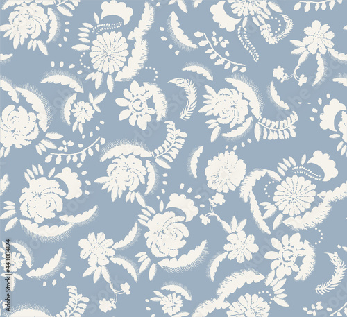 Repeating pattern with floral embroidery elements, perfect for textiles, wrapping paper and decoration