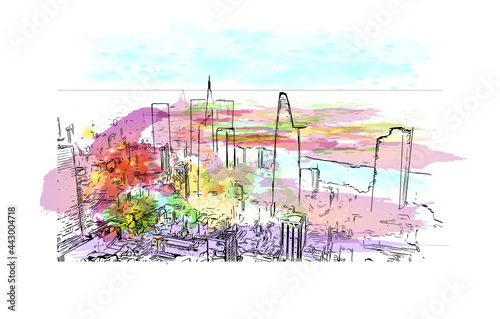 Building view with landmark of Ho Chi Minh city
 in Vietnam. Watercolor splash with hand drawn sketch illustration in vector.