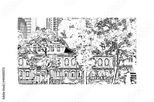 Building view with landmark of Ho Chi Minh city
 in Vietnam. Hand drawn sketch illustration in vector.