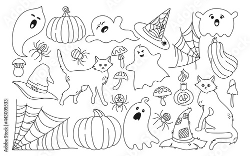 Halloween party horror line cartoon set. Magic doodle hag cauldron bat, toxic mushroom, wizard potion poison bottle. Black cat, pumpkin, hat spider web symbolic flat comic design. Vector illustration