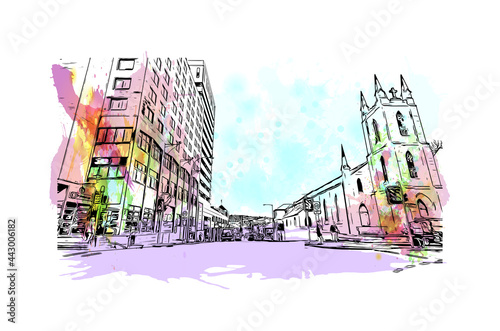 Building view with landmark of Hobart is the 
city in Australia. Watercolor splash with hand drawn sketch illustration in vector.