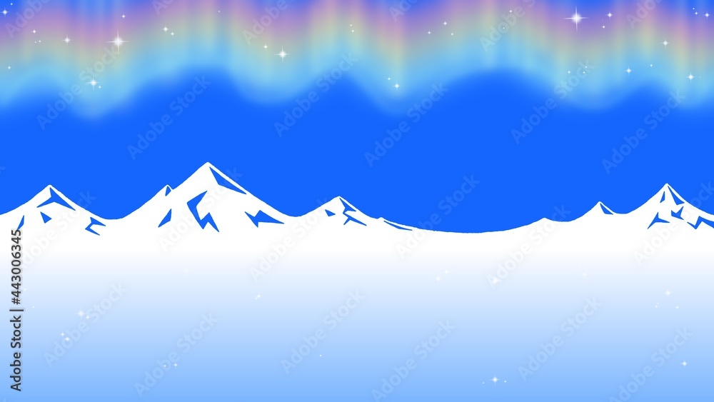 虹色に輝くオーロラと雪山