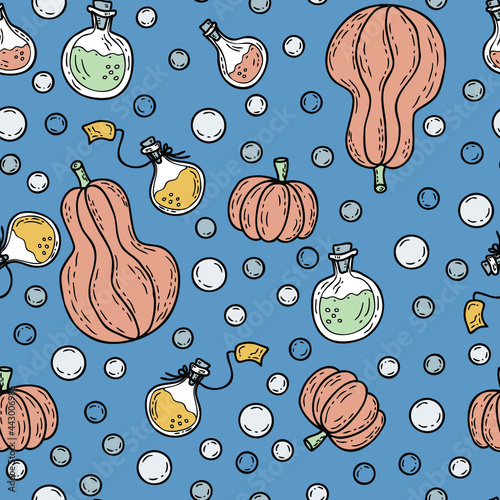 Halloween seamless pattern. Magical doodle witch potions and pumpkins. Design for T-shirt, textile and prints.