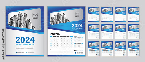 Wall Calendar 2024 template Set, Set Desk calendar 2024 year, Happy new year, Planner, Week start on Sunday, vertical layout, Set of 12 Months, Modern cover design, planner, stationery, vector 