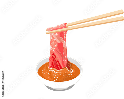 Beef dipping chilly sauce. A chopsticks holding sliced beef dipping sauce on white background. Anime authentic food vector illustration . Close up hotpot vector. 