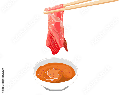 Isolated sliced Beef and chilly sauce. A chopsticks holding sliced beef dipping sauce on white background. Anime authentic food vector illustration . Close up hotpot vector. 