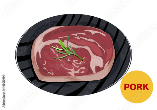 Uncooked pork on a dish. Isolated a pice of pork prepared on black plate, uncooked ingredient on white background. Anime food handrawing vector illustration.