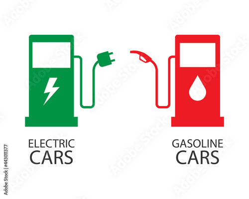 symbols for electric cars and gasoline cars. Electric energy vs petrol oil. vector illustration in flat style modern design. Clean energy in the future.