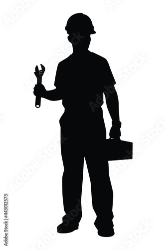 Worker with tools box silhouette vector on white background