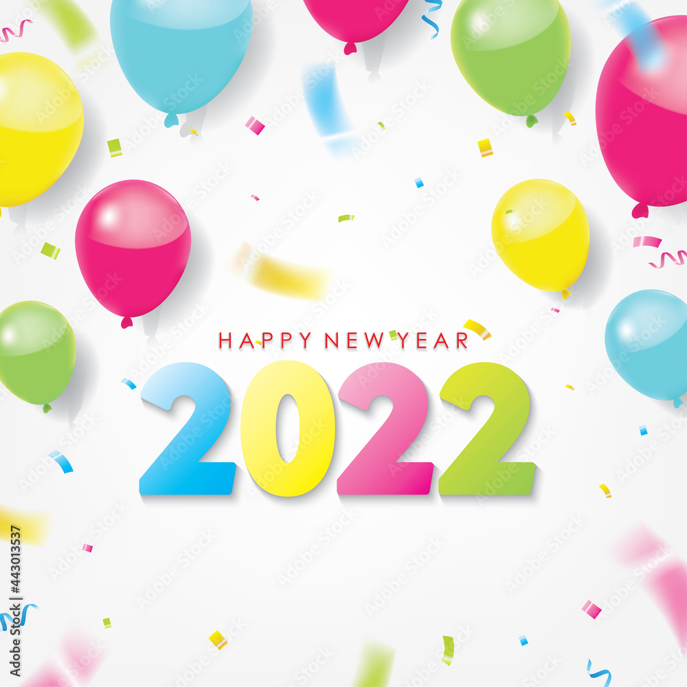 colorful 2022 Happy New Year Greeting with Scattered Balloons and Conffetis. Vector Illustration. Design element for flyers, leaflets, postcards and posters. colorful 2022 Happy New Year Greeting with Scattered Balloons and Conffetis. Vector Illustration. Design element for flyers, leaflets, postcards and posters.