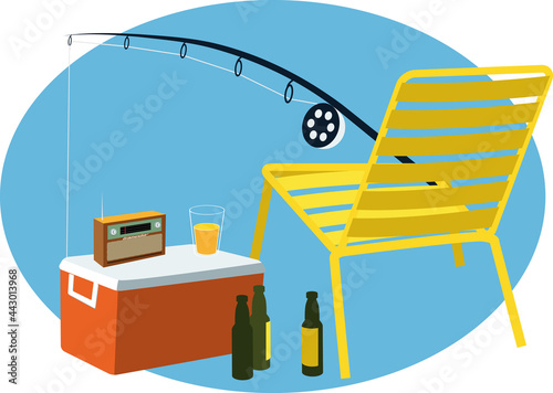 Plastic chair, fishing rod and a cooler with a radio and glass of beer, prepared for a weekend fishermen, EPS 8 vector illustration
