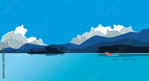 Beautiful summer lake with mountain range and storm clouds on the background and a motorboat moving past islands, copy space for your text, EPS 8 vector illustration, no transparencies