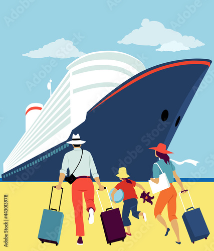 Family with luggage running to a cruise ship, EPS 8 vector illustration