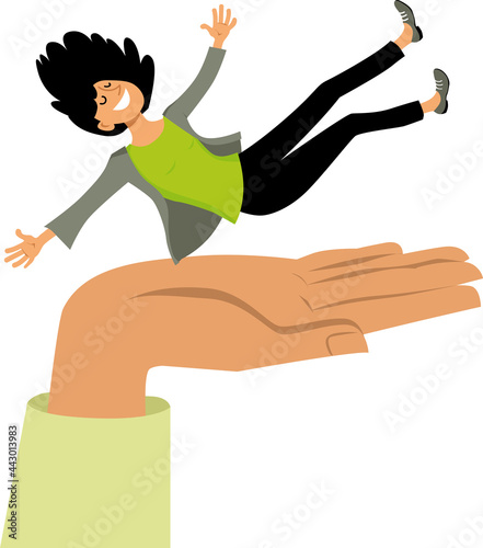 Woman doing a trust fall into a supporting palm of a hand, EPS 8 vector illustration