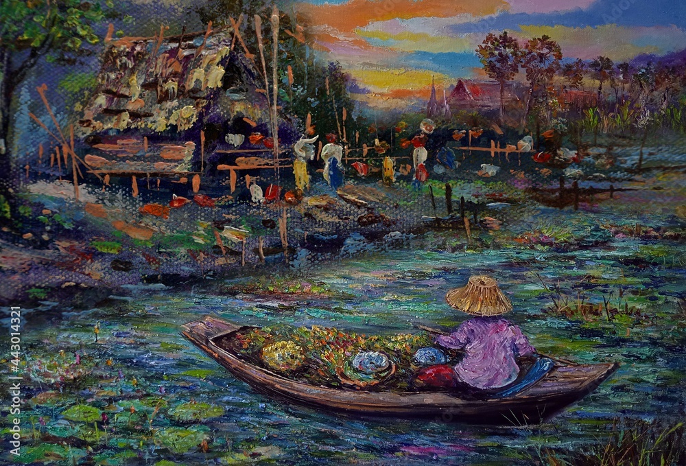 Art painting Oil color Hut northeast Thailand Countryside ,  boat