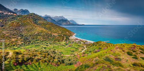 Panoramic spring view of Buneci Beach. Dramatic morning seascape of Adriatic sea. Colorful outdoor scene of Albania, Europe. Beauty of nature concept background.