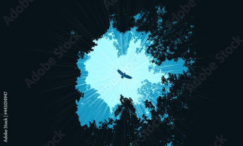 Vector illustration of a forest canopy clearing with sun rays and Eagle soaring