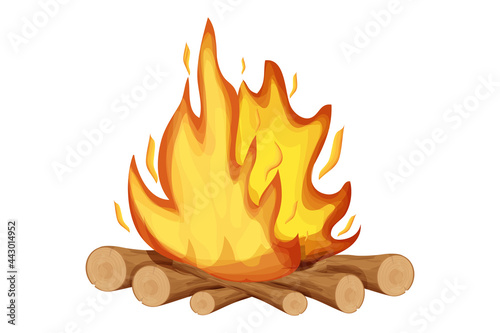 Fireplace, fire with wooden tree sticks,twigs in cartoon style isolated on white background. Outdoor activity, campfire. 