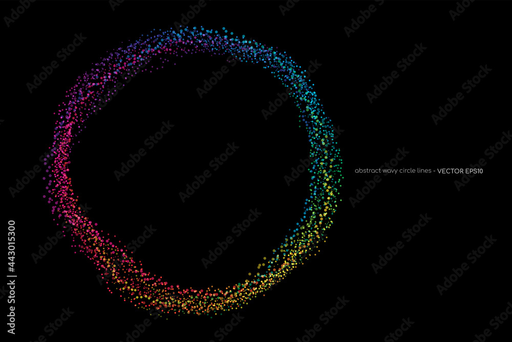 Abstract fluid dots particles on circle ring by colorful spectrum light colors isolated on black background Abstract fluid dots particles on circle ring by colorful spectrum light colors isolated on black background